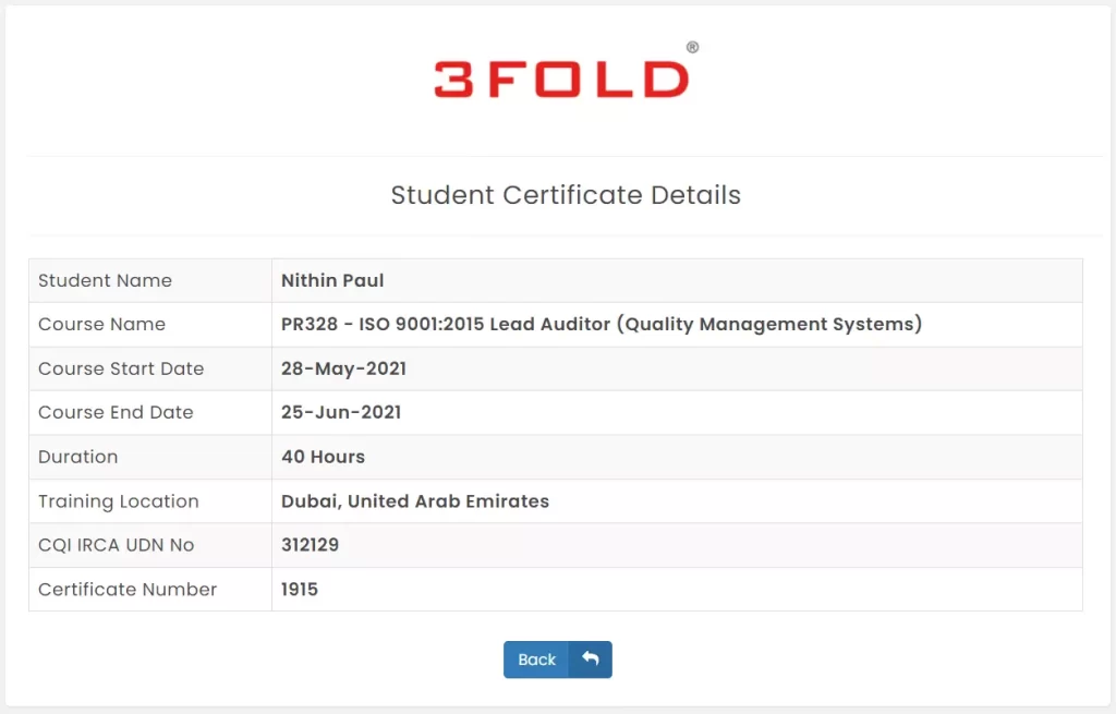 Sample CQI IRCA Student Certificate Details