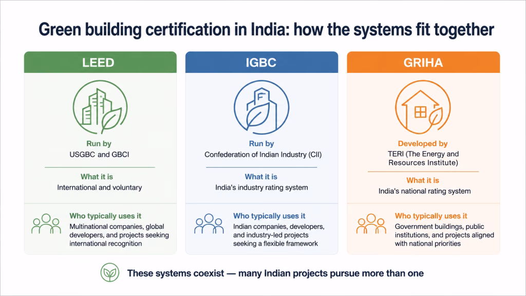 Comparison of LEED, IGBC and GRIHA green building rating systems used in India