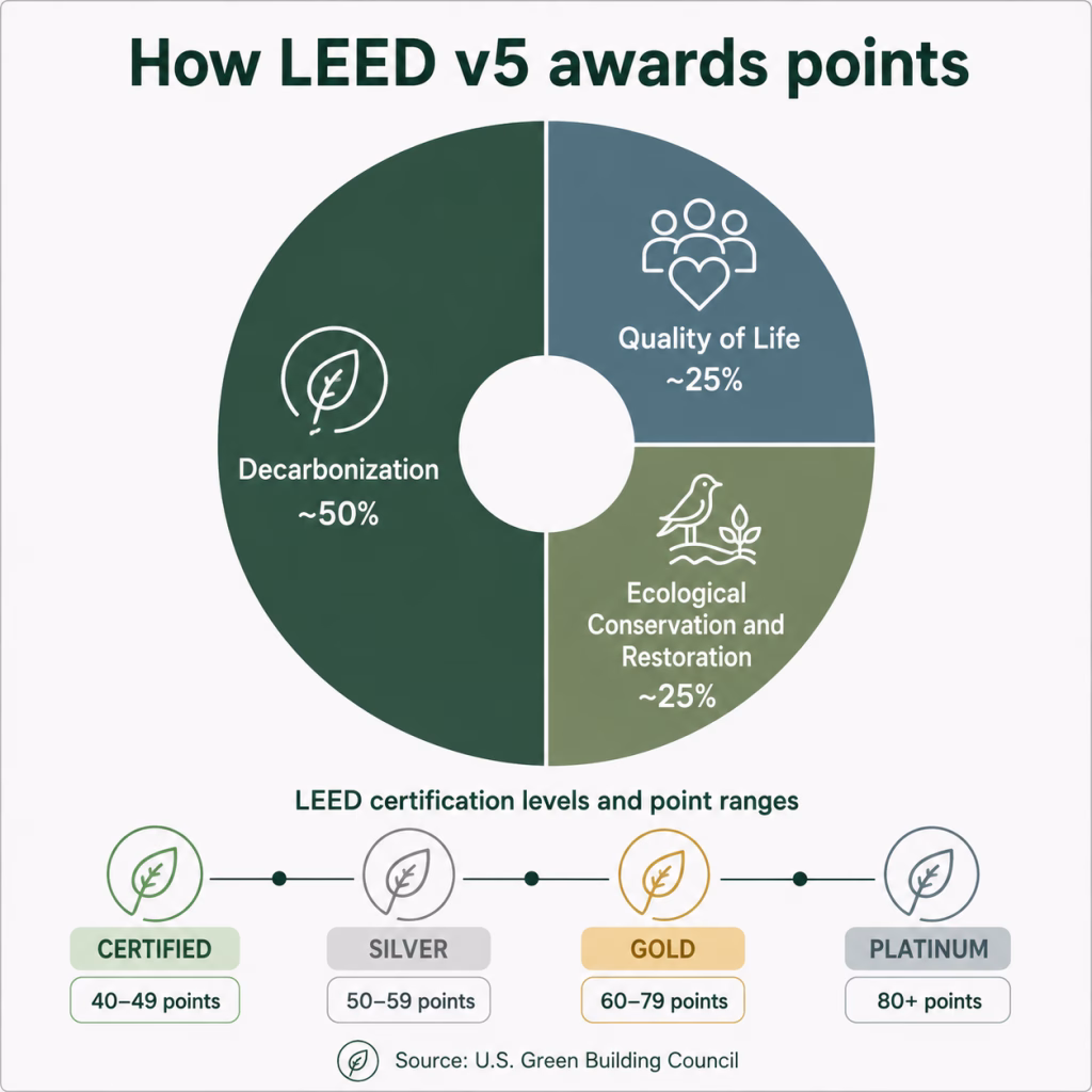 LEED v5 point distribution across decarbonization, quality of life and ecological conservation and restoration, with the four LEED certification levels