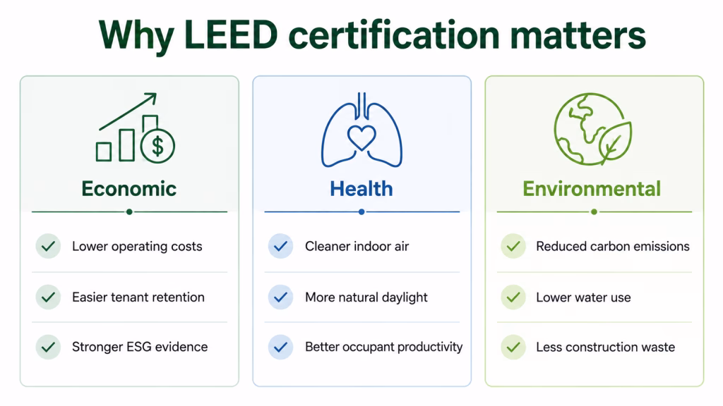 Three categories of LEED certification benefits: economic, health and environmental
