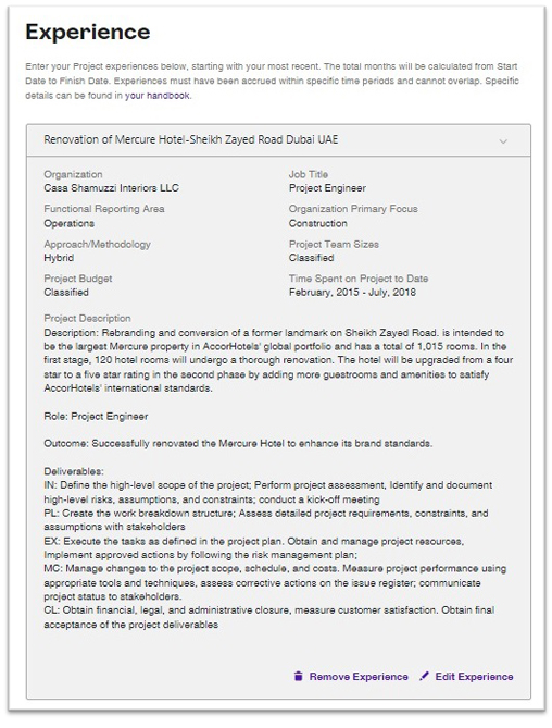 PMI Approved Project Experience Details