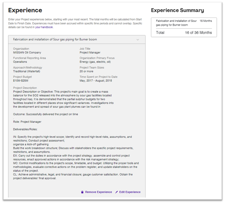 PMI How to fill up Project Experience in a PMP application?