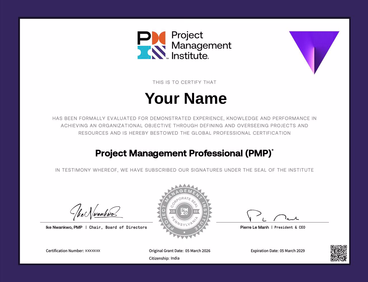 PMI PMP Sample Certificate 2026