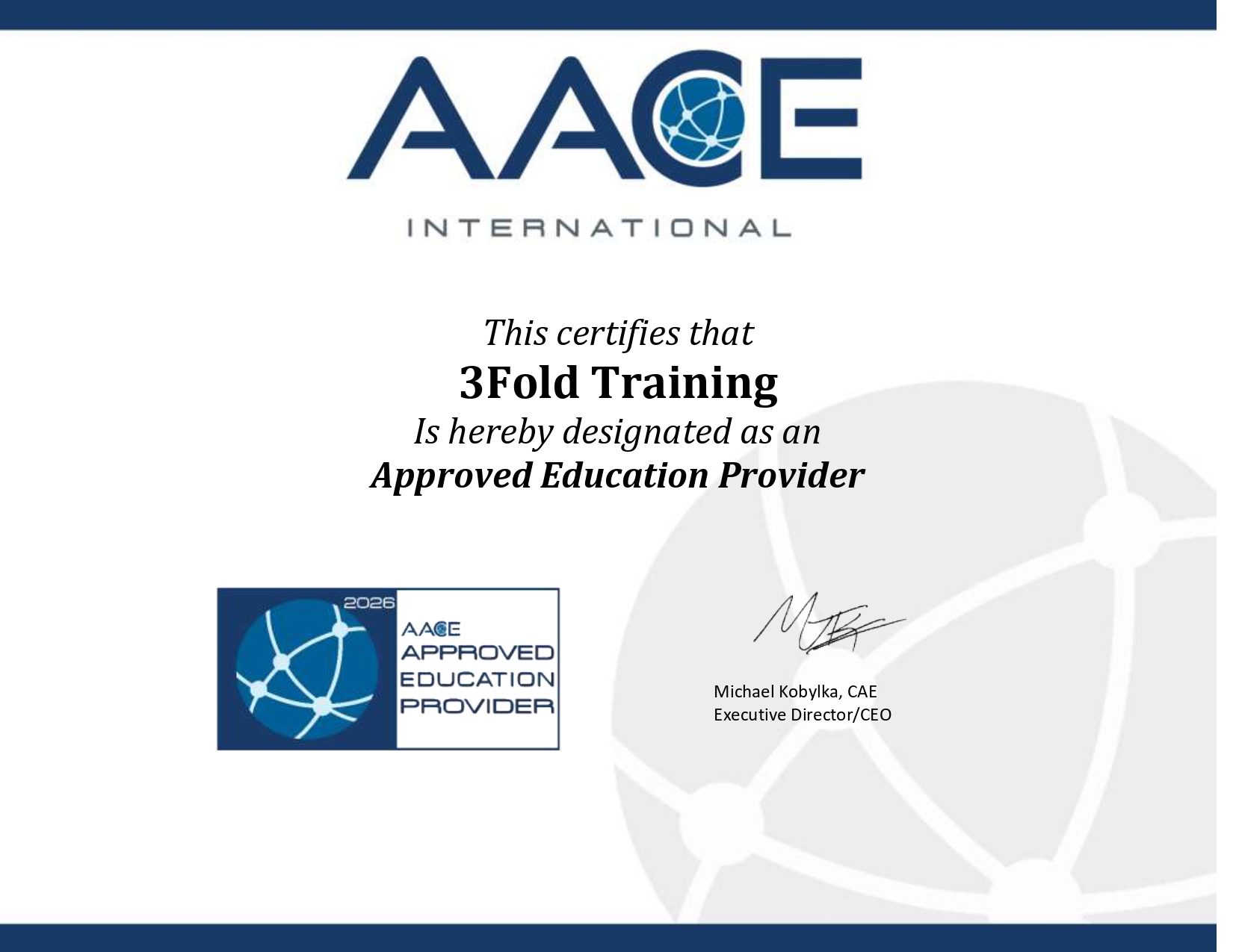3FOLD Training AACE International Approved Education Provider (AEP) 2026 certificate