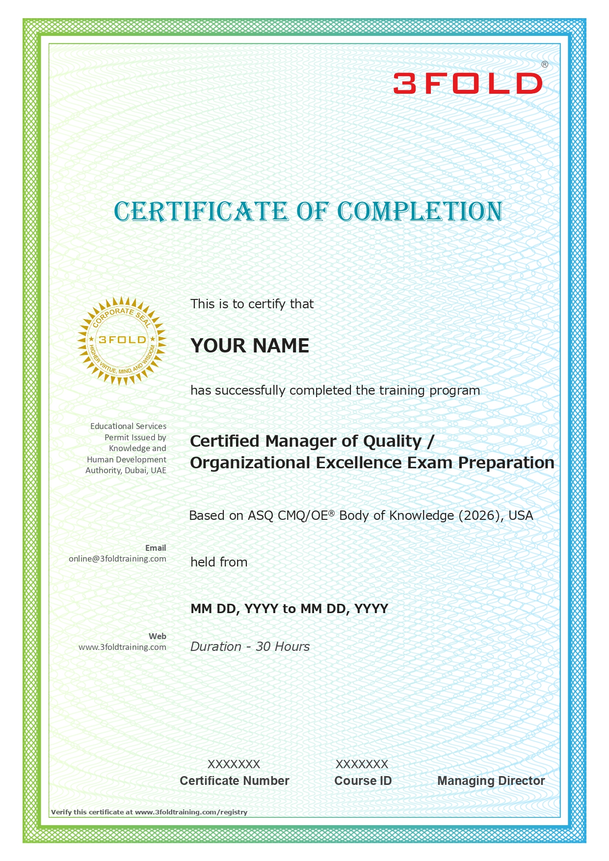 Sample CMQ/OE course completion certificate issued by 3FOLD Training