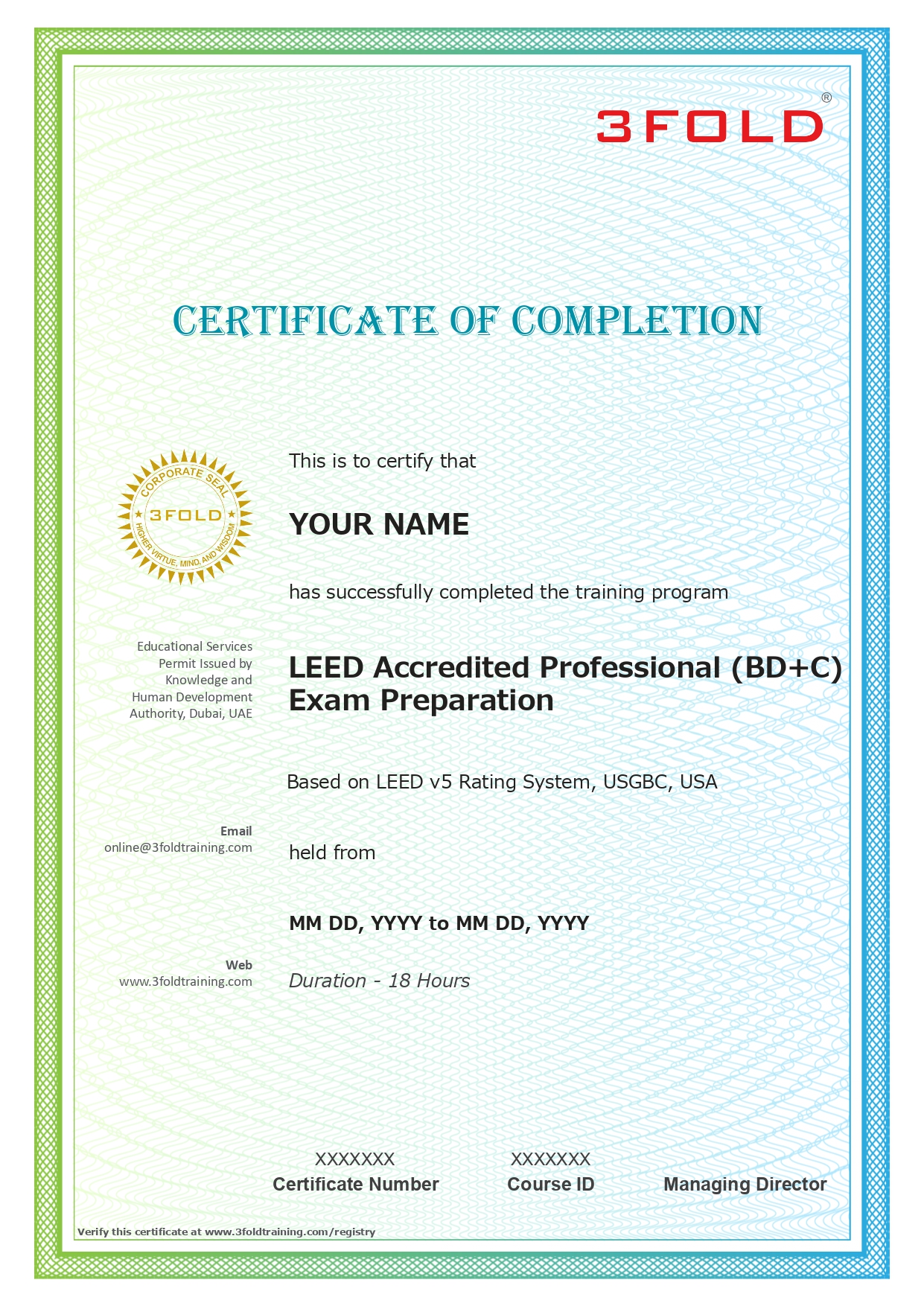 Sample LEED AP Building Design + Construction course completion certificate issued by 3FOLD Training