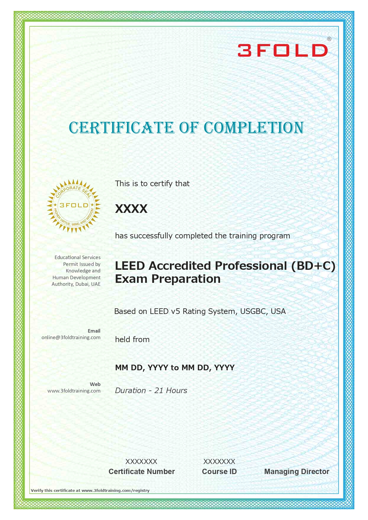 Sample LEED AP Building Design + Construction course completion certificate issued by 3FOLD Training