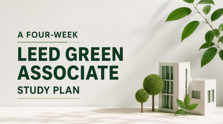 A Four-Week LEED Green Associate Study Plan featured image with a minimalist green building model, trees and sustainable design elements.