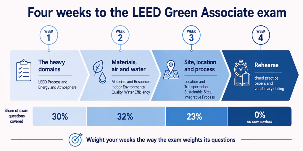 A four-week LEED Green Associate study timeline showing which domains are covered each week