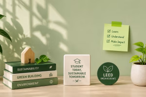 LEED Green Associate exam preparation setup with study books, green plants, and a prepare, learn, succeed checklist.