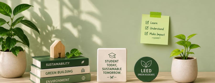 LEED Green Associate exam preparation setup with study books, green plants, and a prepare, learn, succeed checklist.