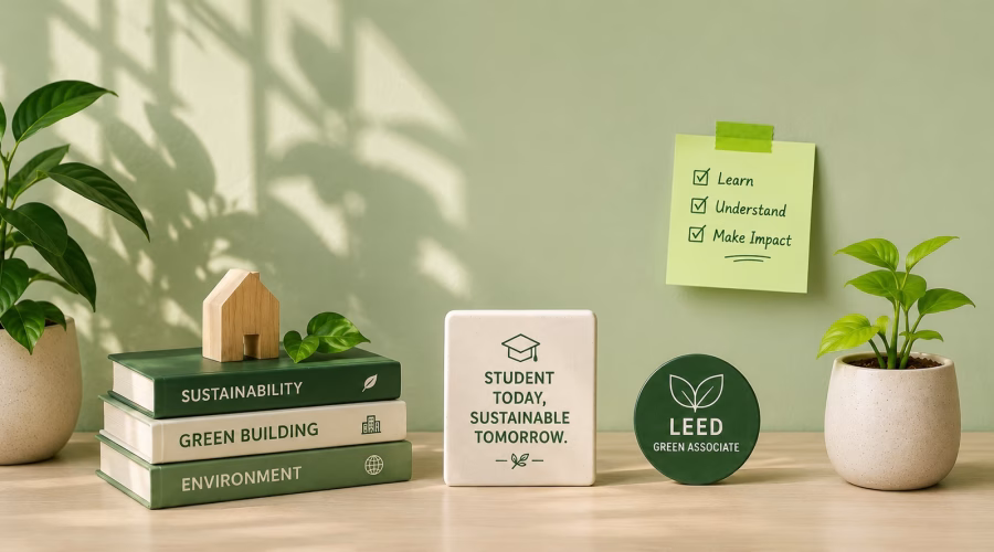 LEED Green Associate exam preparation setup with study books, green plants, and a prepare, learn, succeed checklist.