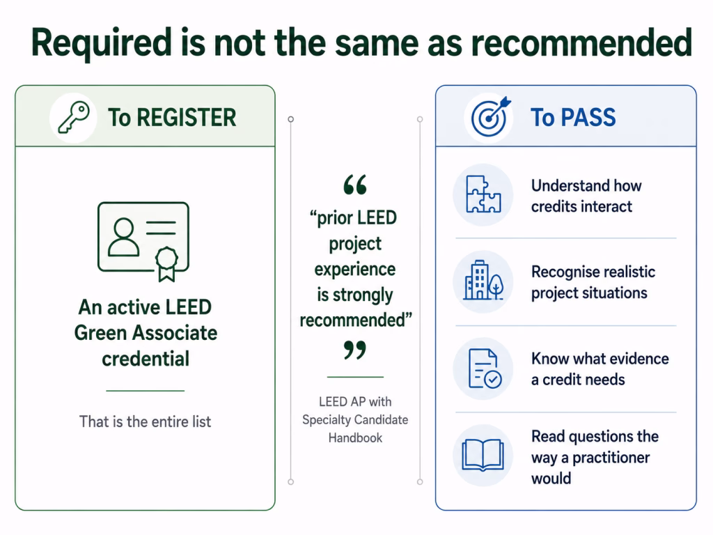 Two panels separating what is required to register for the LEED AP exam from what helps in passing it