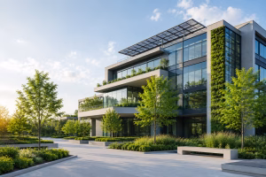 Modern sustainable commercial building with green walls, landscaped grounds and energy-efficient design representing LEED AP BD+C project experience.