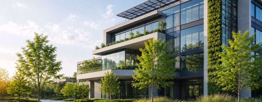 Modern sustainable commercial building with green walls, landscaped grounds and energy-efficient design representing LEED AP BD+C project experience.