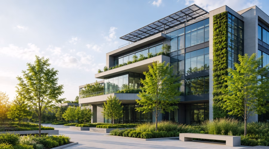 Modern sustainable commercial building with green walls, landscaped grounds and energy-efficient design representing LEED AP BD+C project experience.