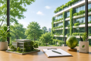 Modern green building model with sustainable landscaping and eco-friendly design elements, representing the LEED Green Associate exam format.