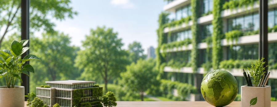 Modern green building model with sustainable landscaping and eco-friendly design elements, representing the LEED Green Associate exam format.