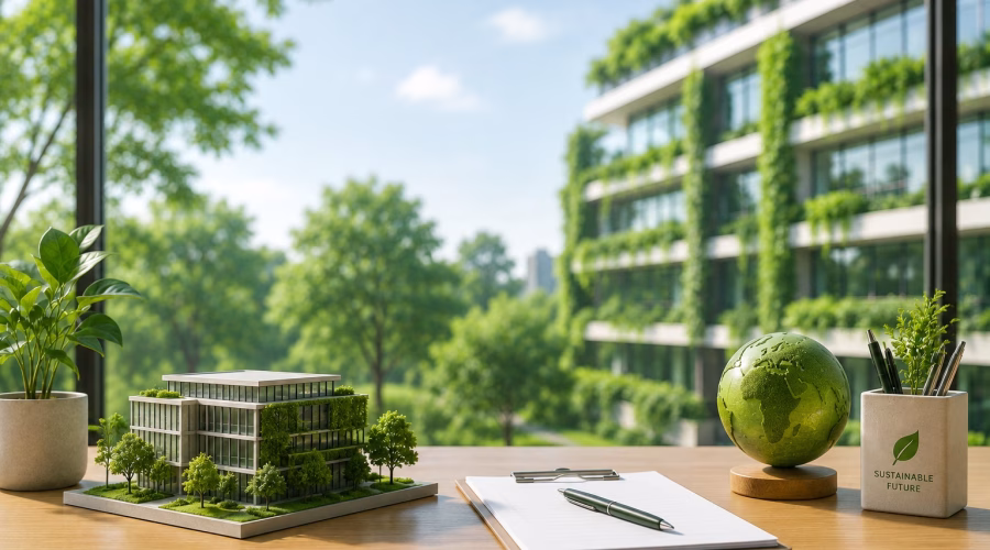 Modern green building model with sustainable landscaping and eco-friendly design elements, representing the LEED Green Associate exam format.