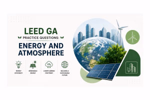 LEED GA Energy and Atmosphere practice questions graphic featuring energy-efficient buildings, solar panels, wind turbines and renewable energy concepts.