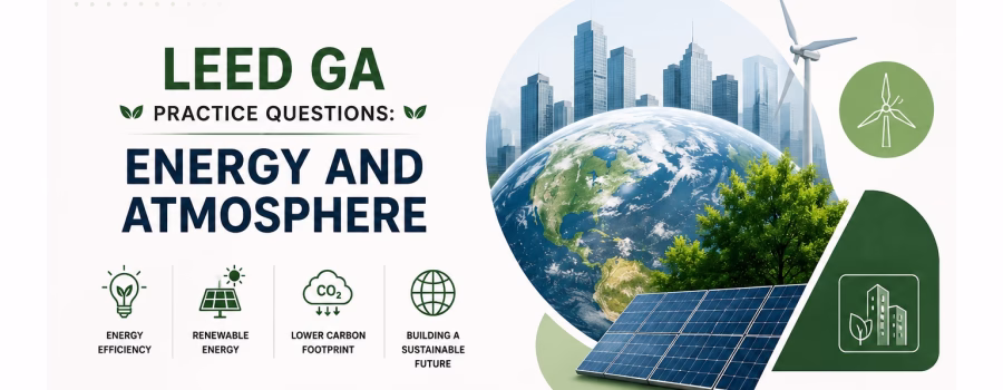 LEED GA Energy and Atmosphere practice questions graphic featuring energy-efficient buildings, solar panels, wind turbines and renewable energy concepts.