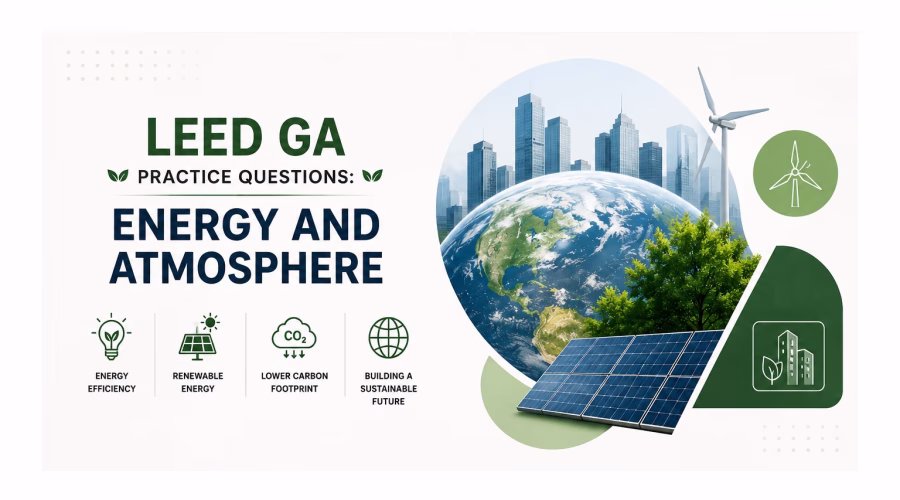 LEED GA Energy and Atmosphere practice questions graphic featuring energy-efficient buildings, solar panels, wind turbines and renewable energy concepts.