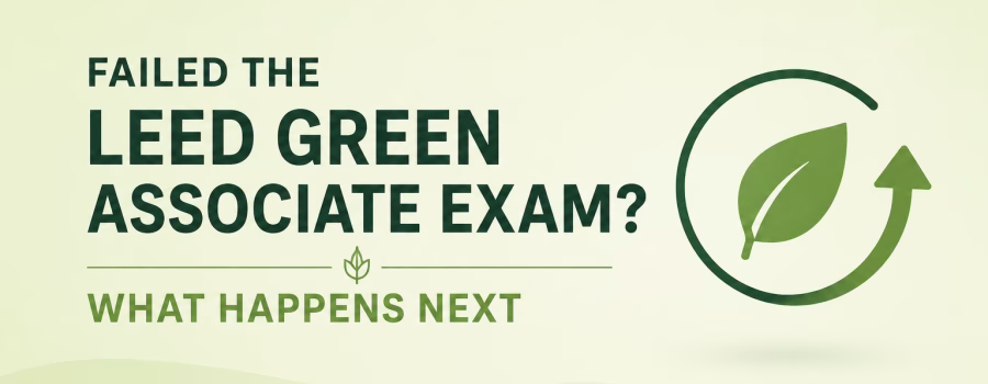 Failed LEED Green Associate exam featured image with a green leaf and retry arrow symbol representing preparation for the next attempt.