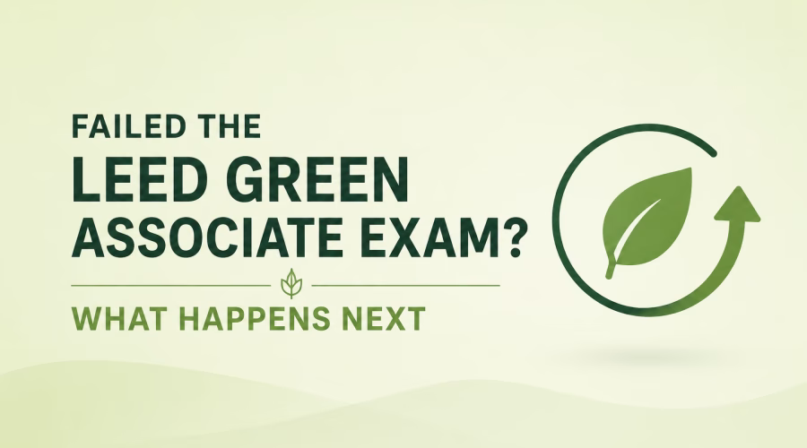 Failed LEED Green Associate exam featured image with a green leaf and retry arrow symbol representing preparation for the next attempt.