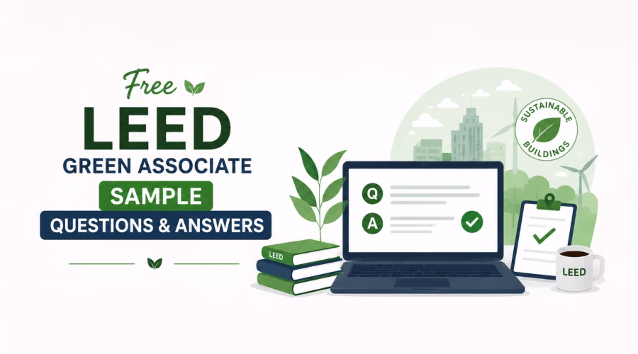 Free LEED Green Associate sample questions and answers with a laptop, study books, checklist and sustainable building elements.
