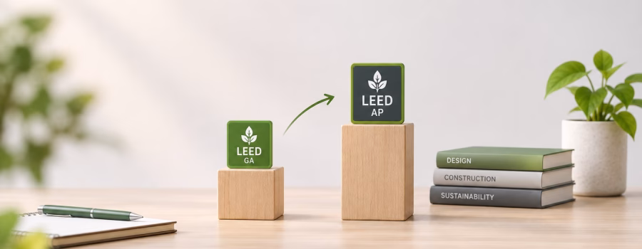 Visual pathway from LEED Green Associate to LEED AP showing progression into deeper technical knowledge, advanced strategies and project leadership.