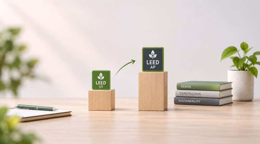 Visual pathway from LEED Green Associate to LEED AP showing progression into deeper technical knowledge, advanced strategies and project leadership.