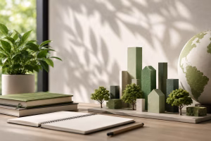 LEED Green Associate exam preparation with sustainable building model, study materials and green design elements