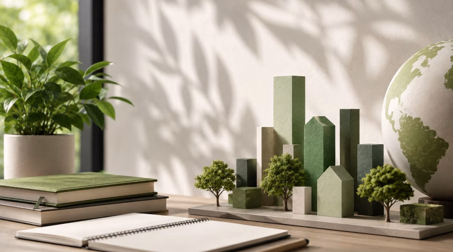 LEED Green Associate exam preparation with sustainable building model, study materials and green design elements