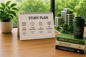 LEED Green Associate study plan with preparation timeline, study checklist and sustainable building model