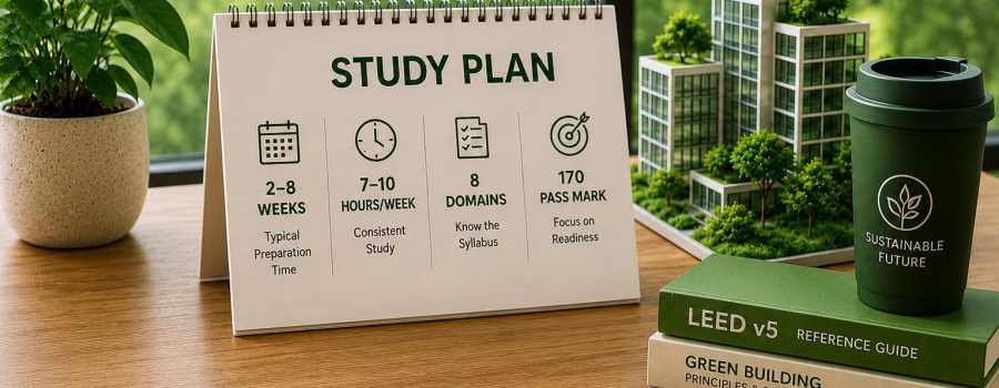 LEED Green Associate study plan with preparation timeline, study checklist and sustainable building model