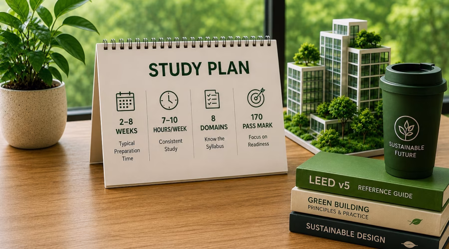 LEED Green Associate study plan with preparation timeline, study checklist and sustainable building model