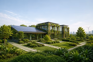 Modern sustainable green building with solar panels, vertical greenery and landscaped gardens representing LEED and green building practices.