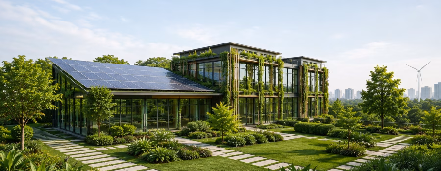 Modern sustainable green building with solar panels, vertical greenery and landscaped gardens representing LEED and green building practices.