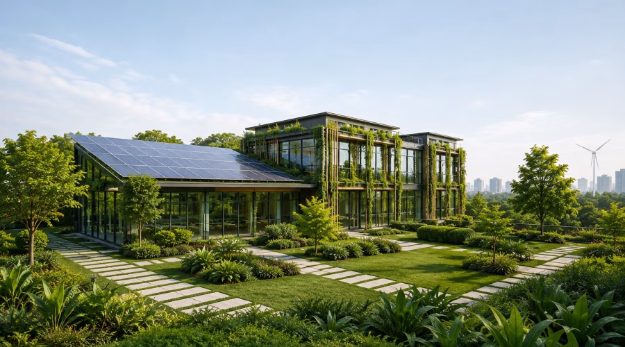 Modern sustainable green building with solar panels, vertical greenery and landscaped gardens representing LEED and green building practices.