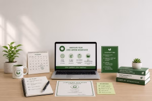 LEED Green Associate credential maintenance workspace showing continuing education requirements, renewal calendar, CE activity plan, certificate and sustainability resources.