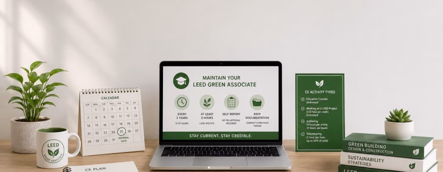 LEED Green Associate credential maintenance workspace showing continuing education requirements, renewal calendar, CE activity plan, certificate and sustainability resources.
