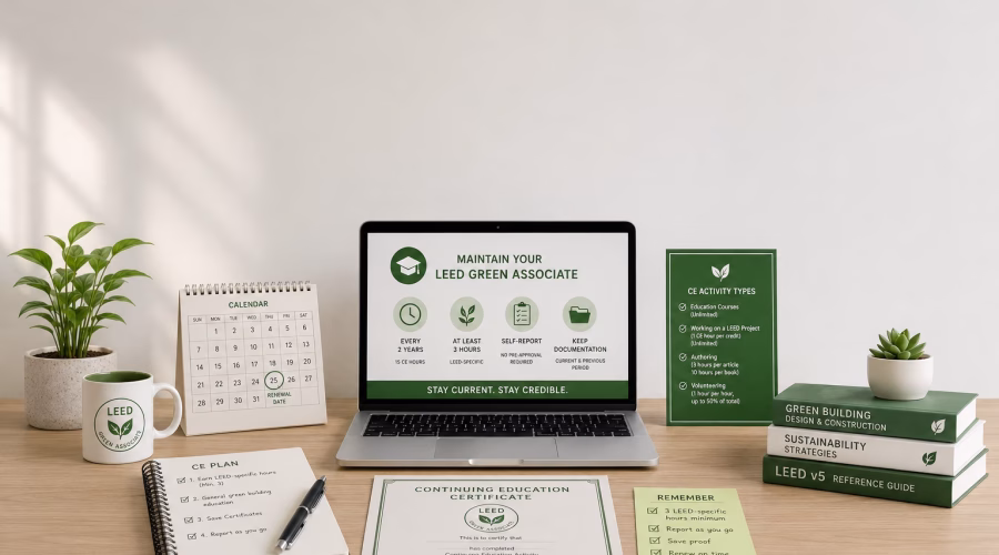 LEED Green Associate credential maintenance workspace showing continuing education requirements, renewal calendar, CE activity plan, certificate and sustainability resources.
