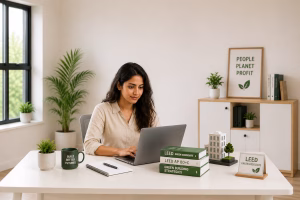 Woman working on a laptop in a modern office with green building study materials, plants, and sustainable design elements.