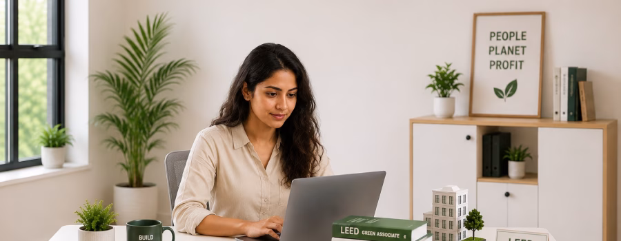 Woman working on a laptop in a modern office with green building study materials, plants, and sustainable design elements.