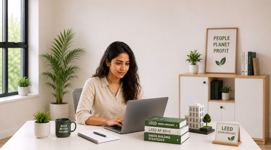 Woman working on a laptop in a modern office with green building study materials, plants, and sustainable design elements.