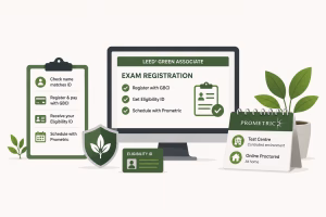 LEED Green Associate exam registration process showing GBCI registration, eligibility ID, and Prometric exam scheduling options.