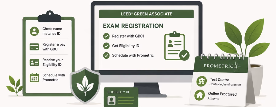 LEED Green Associate exam registration process showing GBCI registration, eligibility ID, and Prometric exam scheduling options.