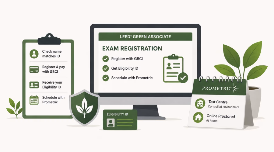 LEED Green Associate exam registration process showing GBCI registration, eligibility ID, and Prometric exam scheduling options.