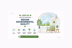 LEED GA Indoor Environmental Quality practice questions graphic featuring a bright sustainable interior with natural daylight, ventilation, indoor plants and healthy building design elements.