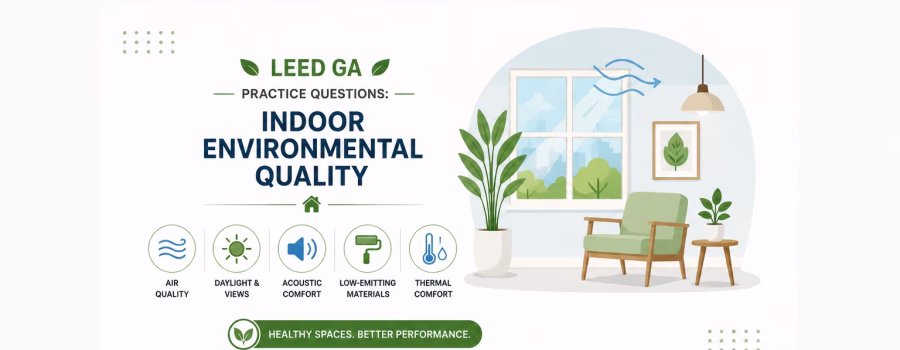 LEED GA Indoor Environmental Quality practice questions graphic featuring a bright sustainable interior with natural daylight, ventilation, indoor plants and healthy building design elements.